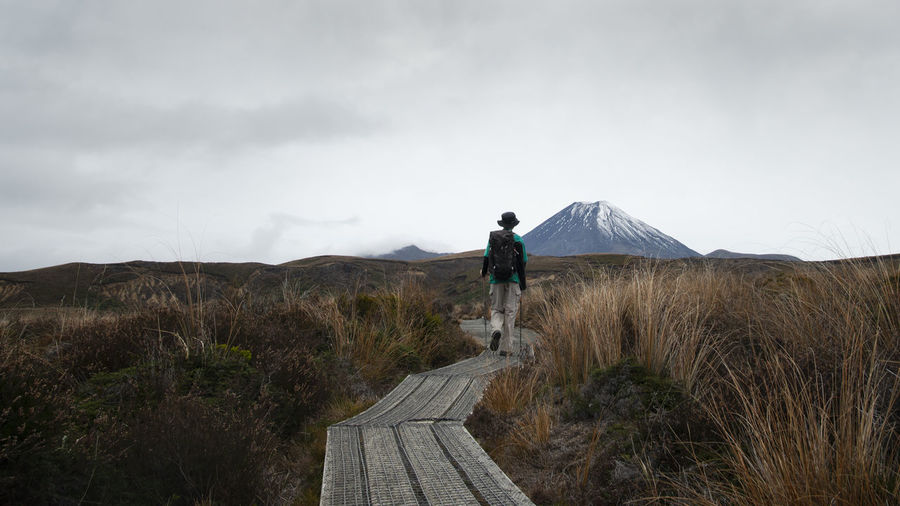 Rear view of man walking on footpath on field against sky