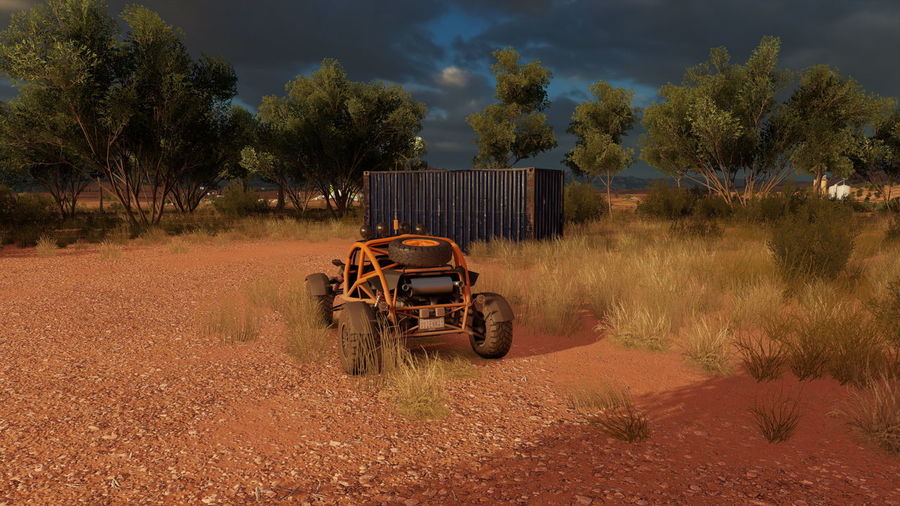 Abandoned car on field against trees