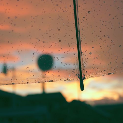 Close-up of wet glass window during sunset