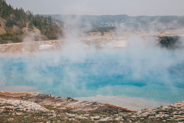 Epic scenic view over colorful geyser basin in yellowstone national park.