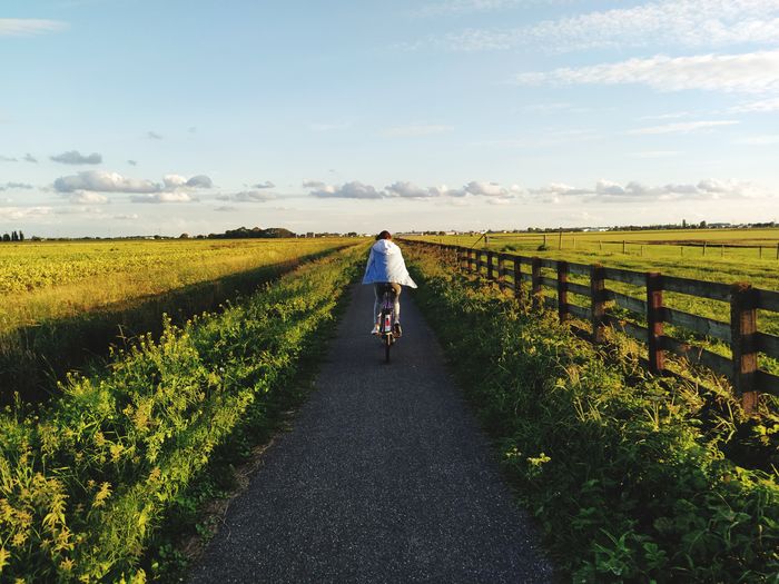 Rear viev of young women on bicycles trip.