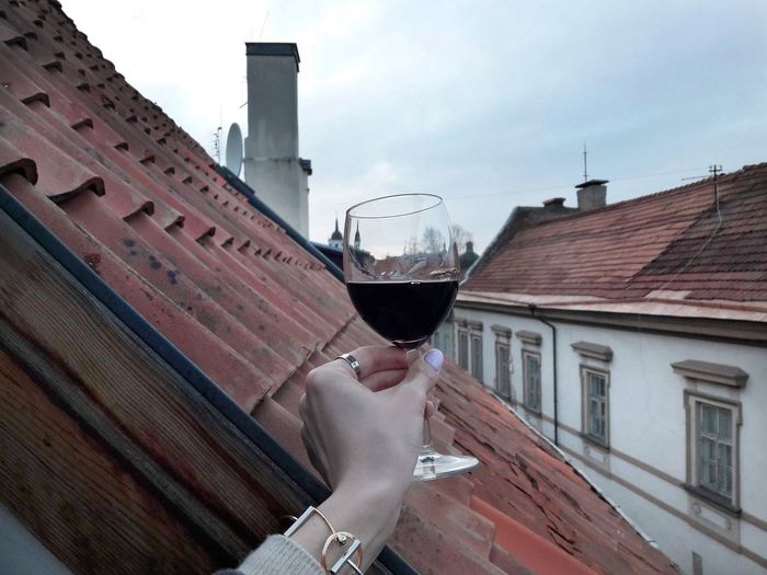 Cropped hand of woman holding wine glass by rooftop