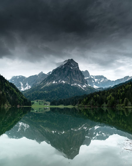 Scenic view of lake by snowcapped mountains against sky