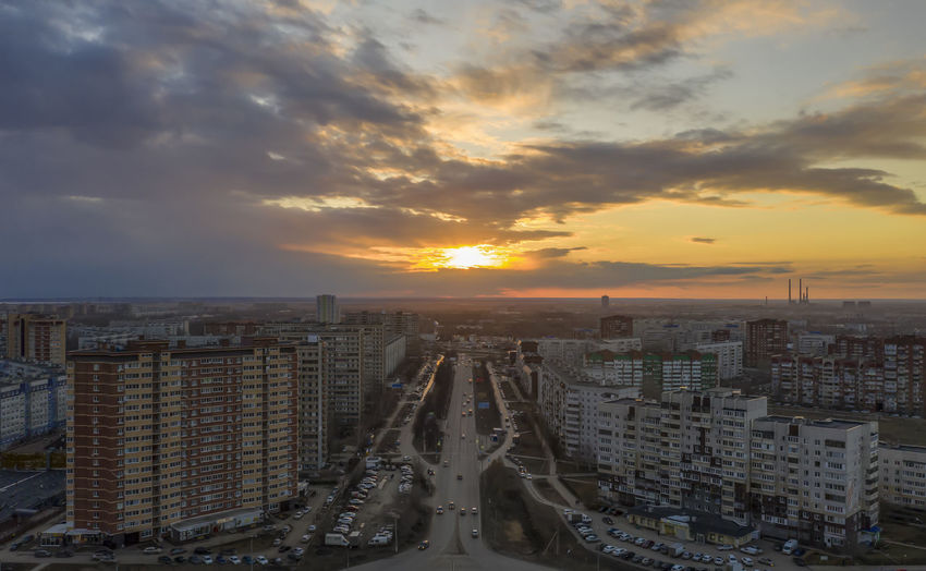 High angle view of city street during sunset