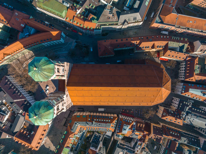 Aerial view on marienplatz town hall and frauenkirche in munich