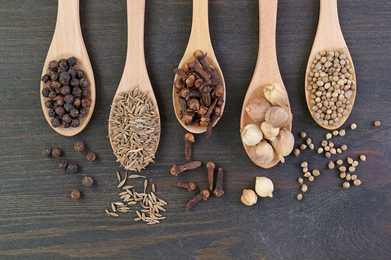 Top view of assortment of spices in wooden spoons