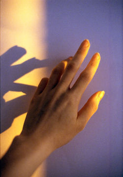 CLOSE-UP OF HUMAN HAND AGAINST WALL