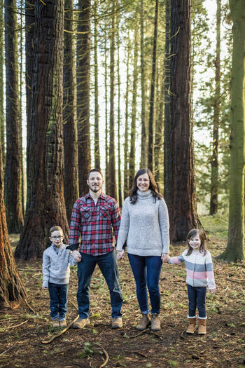 Family of four holding hands, standing in forest.