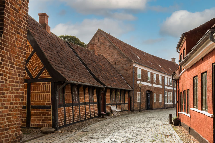 Street and traditional houses in old town of ribe, jutland, denmark