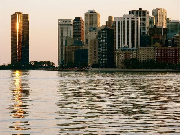 City skyline with river in background