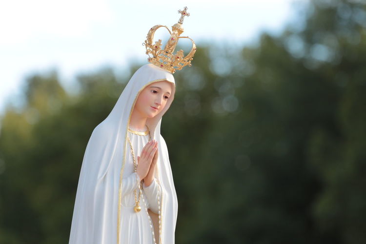 Beautiful statue of the virgin mary praying with her hands joined ,with a crown. our lady of fatima.