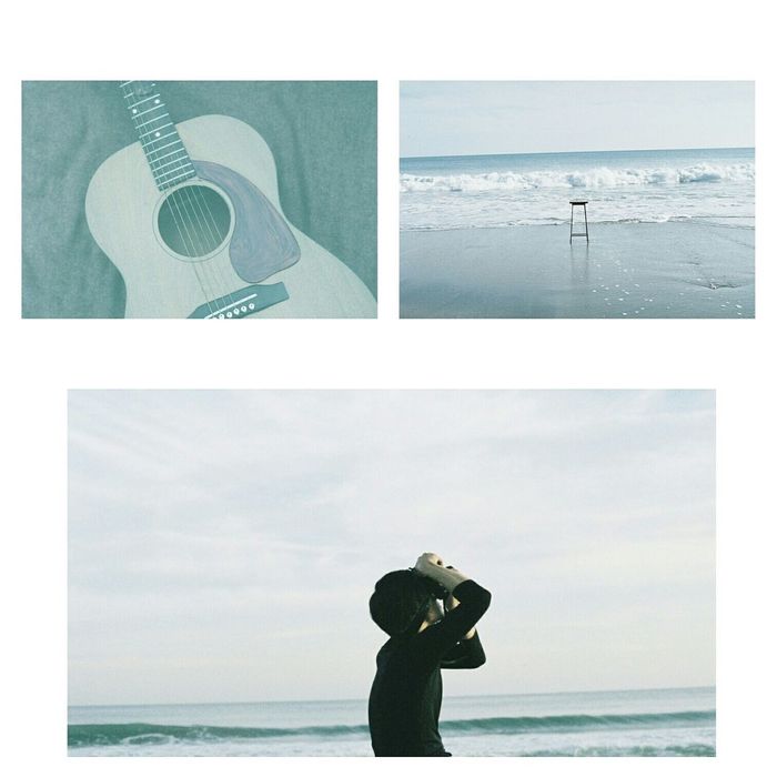 Collage of guitar with photographer and sea