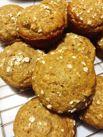 Close-up of homemade banana muffins on cooling rack