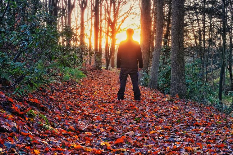 Man standing by leaves during autumn