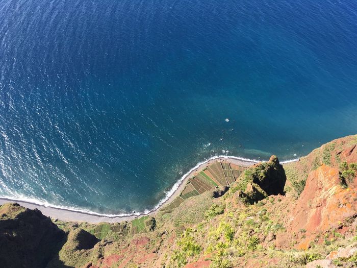 High angle view of sea and cliff