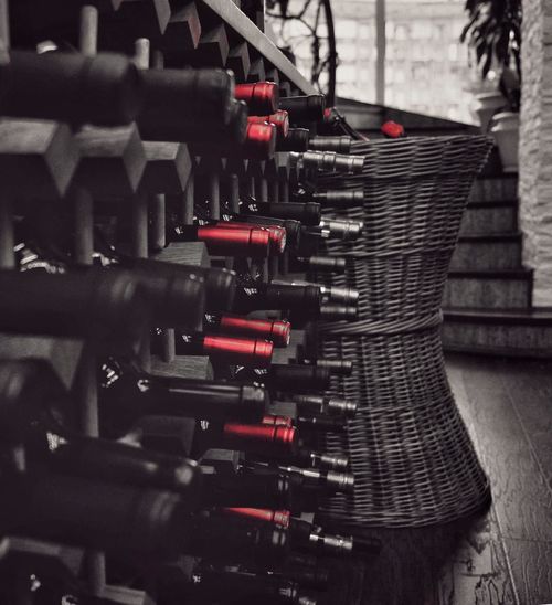 Close-up of wine bottles