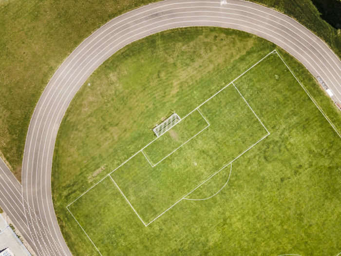 High angle view of soccer field