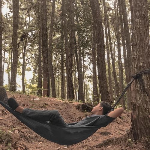 Man lying down on land against trees in forest