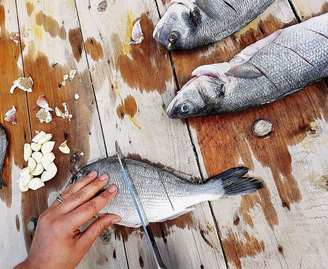 Close-up of hand holding fish on table
