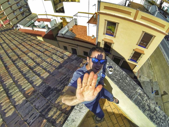 High angle view of man standing against buildings