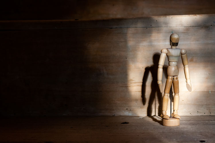 Shadow of figurine on table against wall