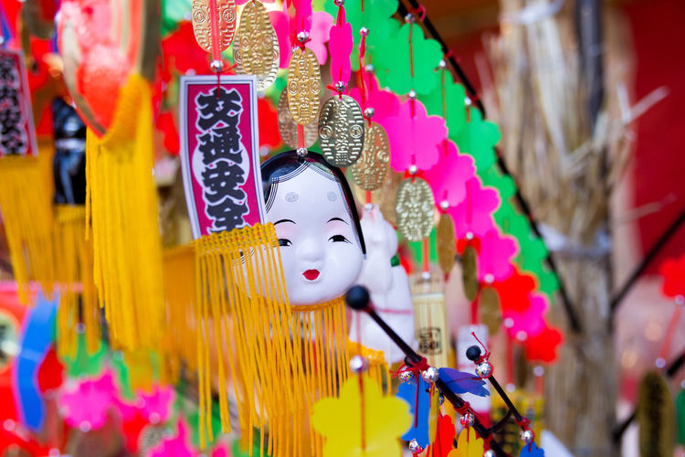 Low angle view of colorful decoration at temple