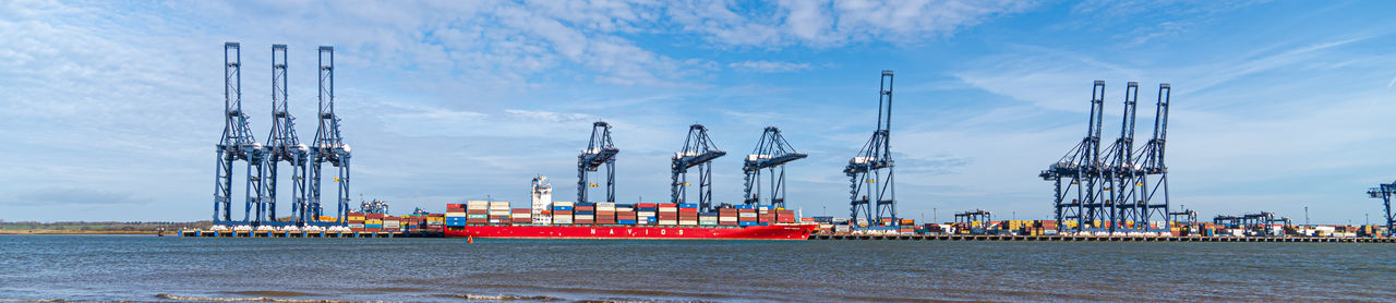 Felixstowe container port panoramic shots showing gantry cranes and container ship panoramic
