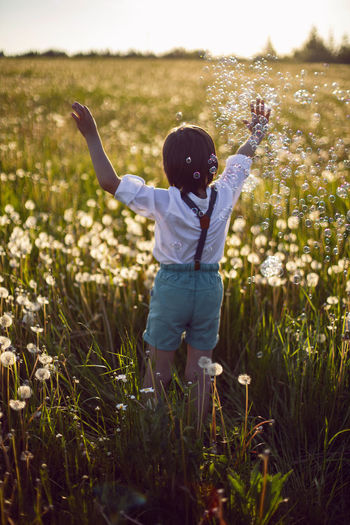 Funny happy child sit in hat on field with white dandelions  sunset in summer. soap bubbles  flying