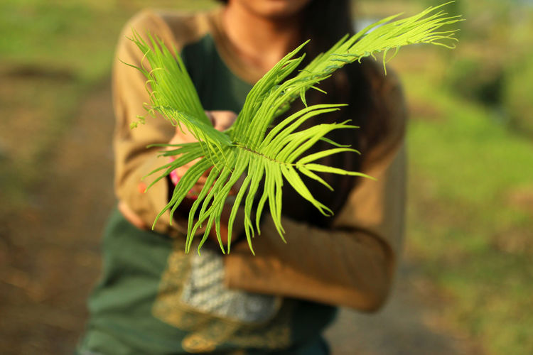 Midsection of girl holding plant