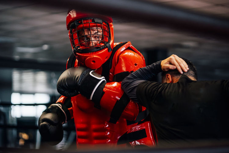 Tactical police training. man with anti-shock clothing.