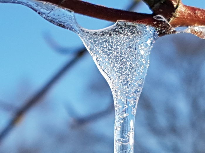Close-up of frozen water against sky