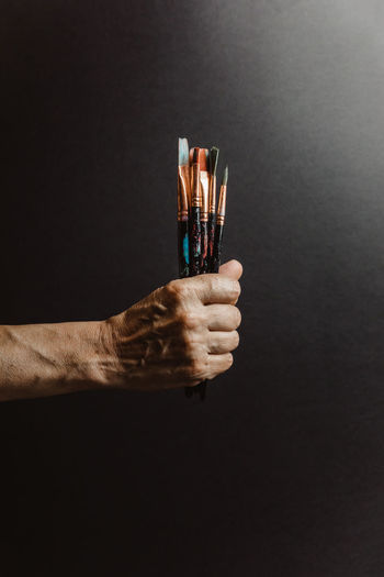 Cropped hand holding paintbrushes