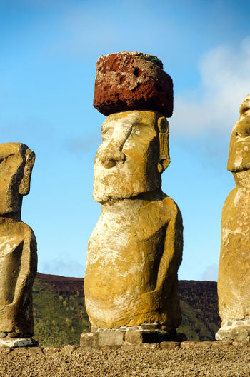 Pukao statues at rapa nui national park against sky