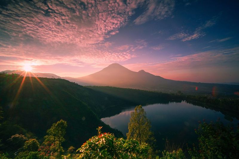Scenic view of mountains against sky during sunset
