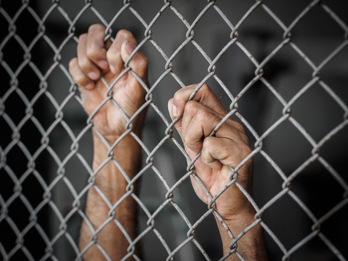 Cropped hands of person holding chainlink fence