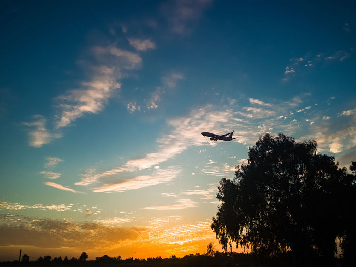 Low angle view of silhouette airplane flying against sky during sunset