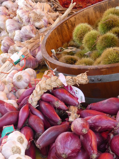 Onions, garlic and chestnuts, farmers market