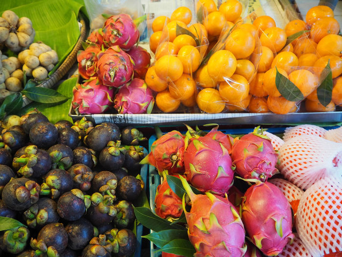 Close-up of various fruits for sale at market stall