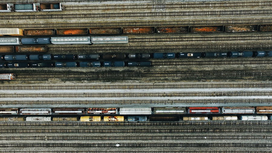Directly above shot of freight trains at shunting yard