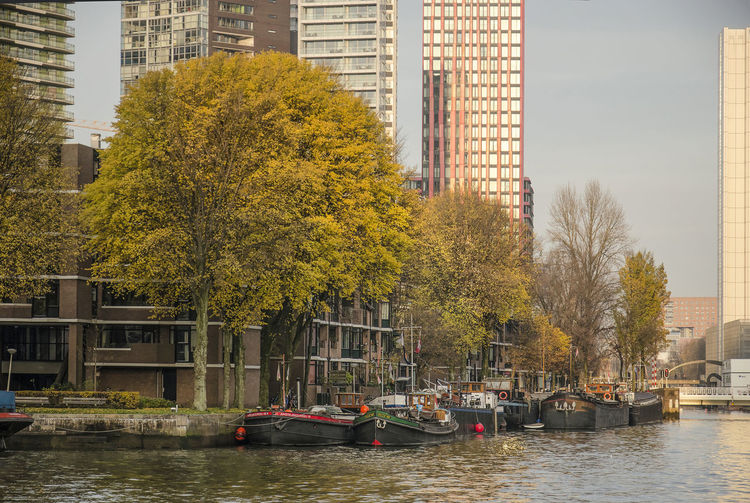 Boats moored on river by buildings in city during autumn