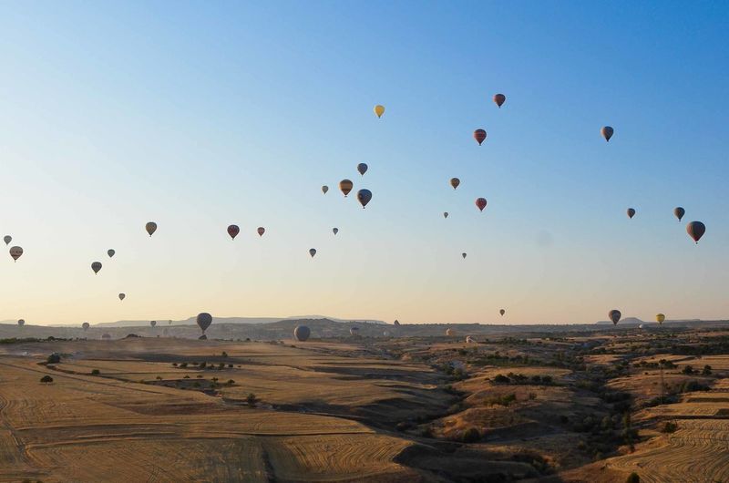 View of hot air balloons in sky