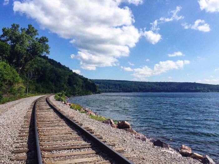 Railroad track by lake against cloudy sky