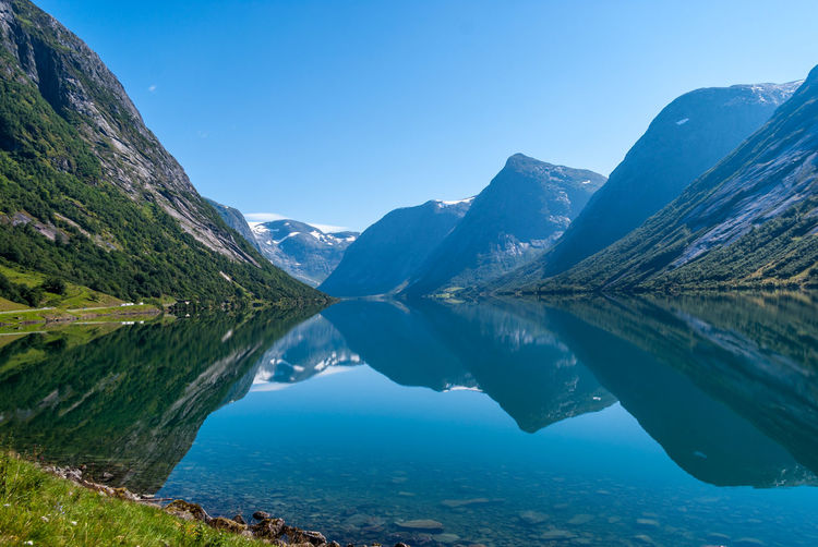 Scenic view of lake and mountains against clear blue sky