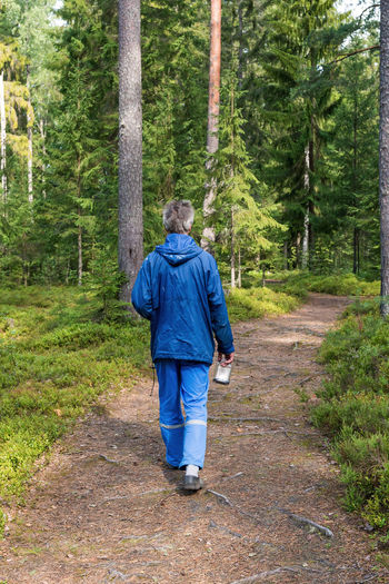Rear view of man walking on footpath in forest