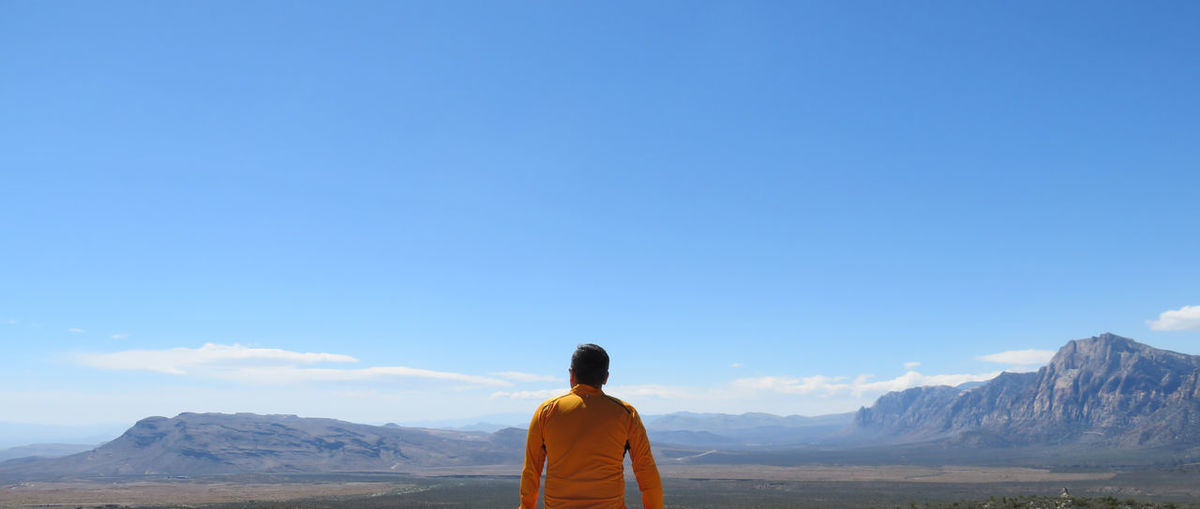 Rear view of man looking at mountains against blue sky