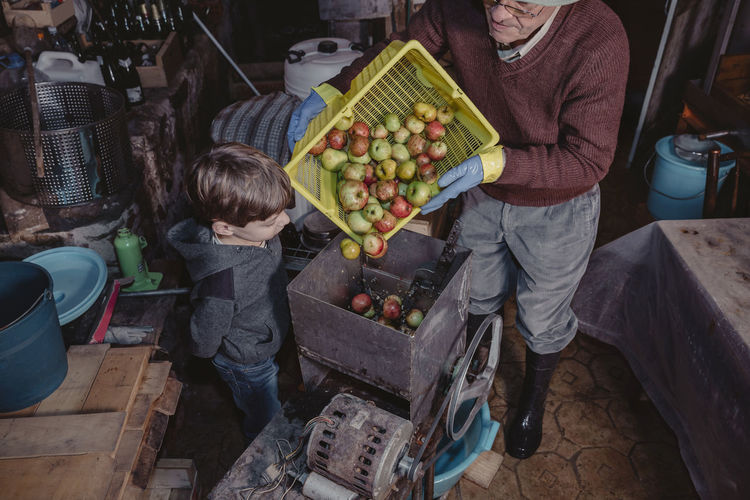 Little boy watching senior man turning basket of apples into a crusher
