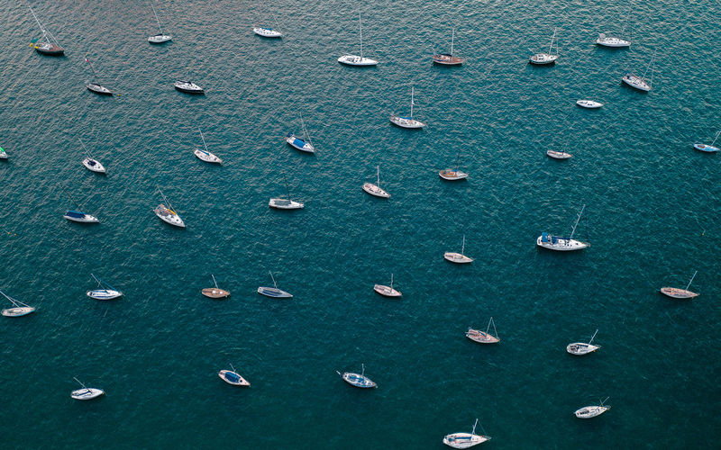 High angle view of sailboats moored in sea or in a bay