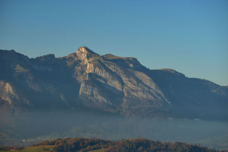 Scenic view of mountains against clear blue sky