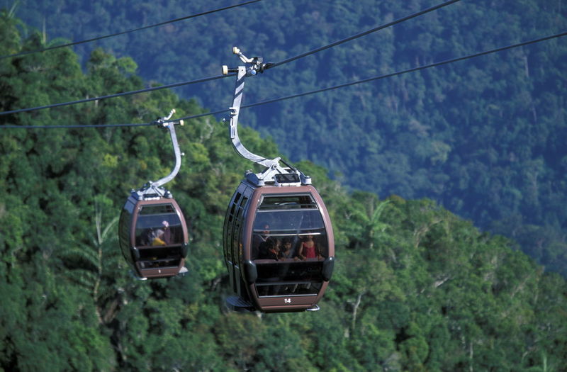 People traveling in overhead cable cars against tree mountains