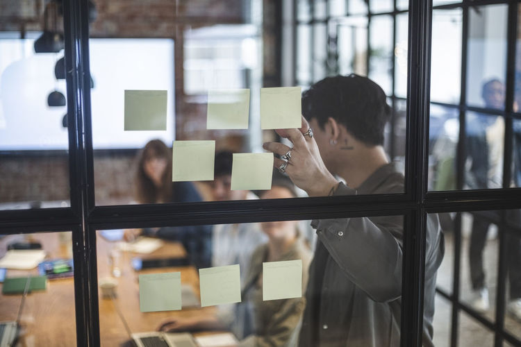 Male entrepreneur presenting business idea with colleagues in board room